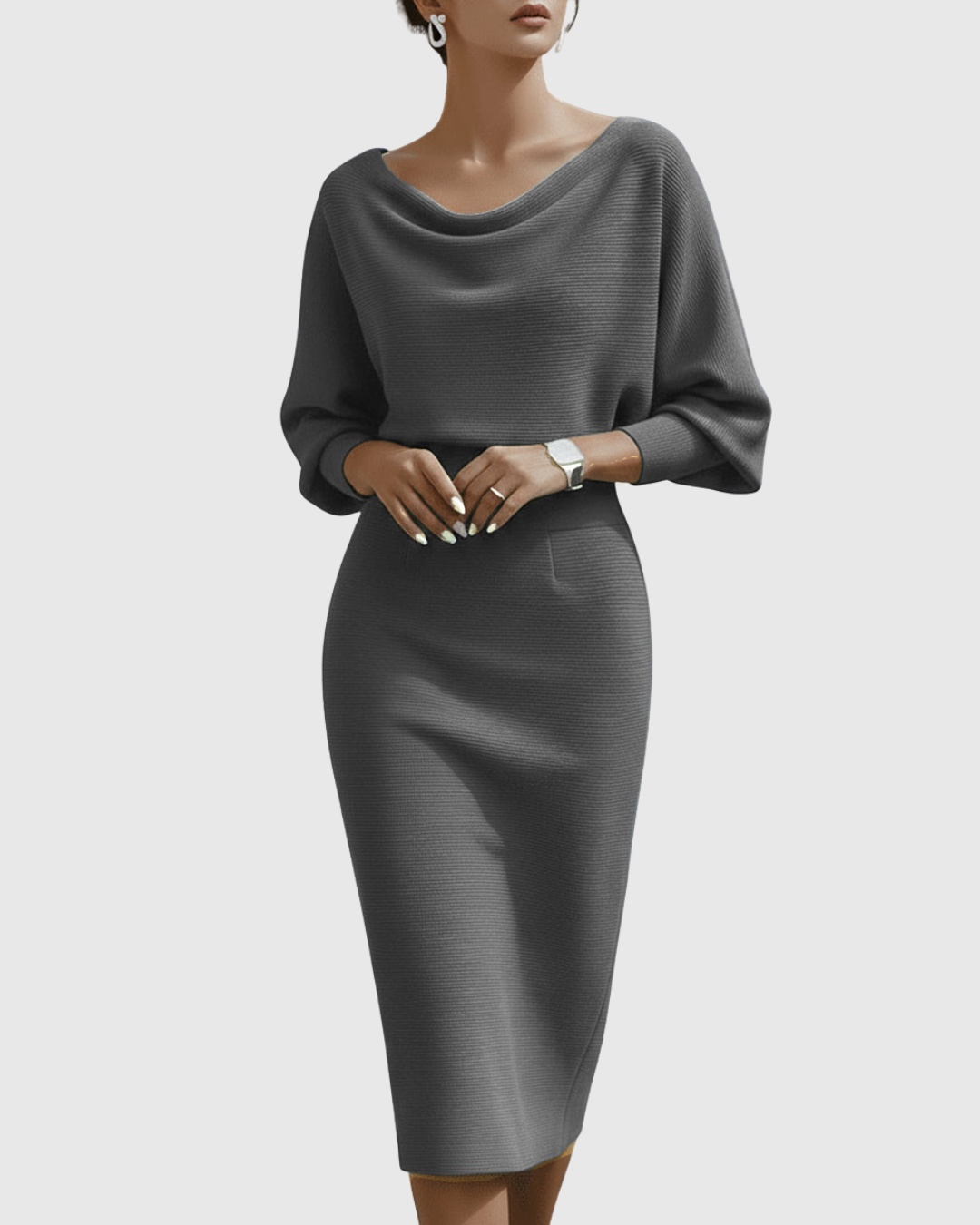 Ismeria | White Draped Batwing Midi Dress