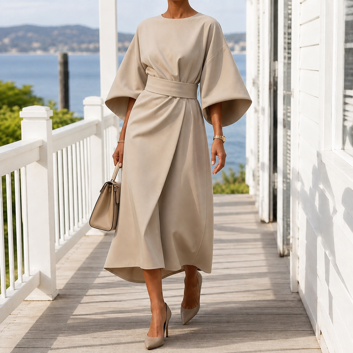 Women’s Belted Midi Dress with Flowing Cape Sleeves 2