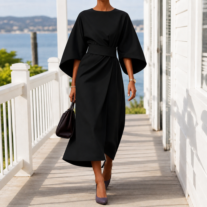 Women’s Belted Midi Dress with Flowing Cape Sleeves 3