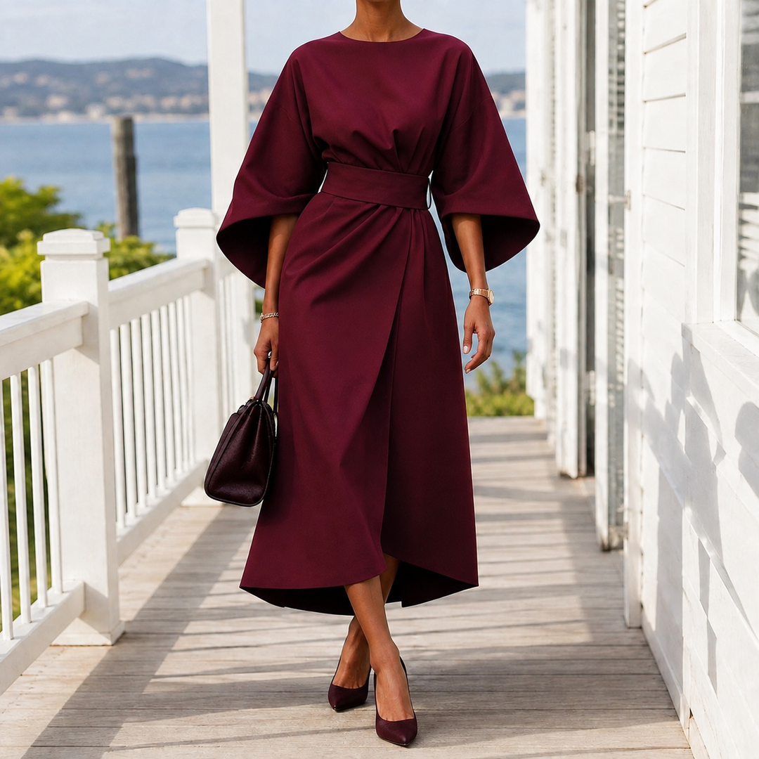 Women’s Belted Midi Dress with Flowing Cape Sleeves 4