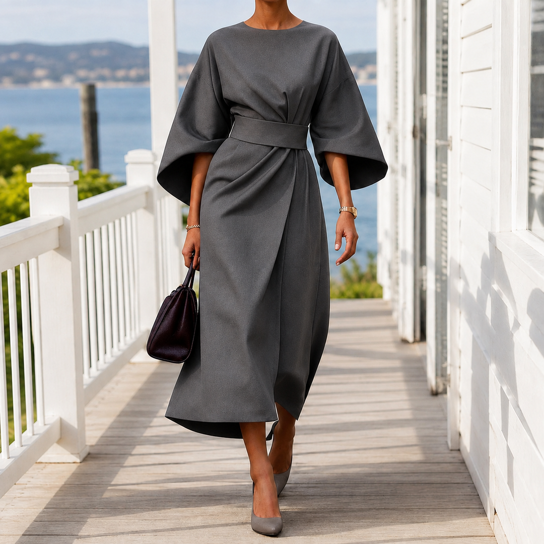 Women’s Belted Midi Dress with Flowing Cape Sleeves 5