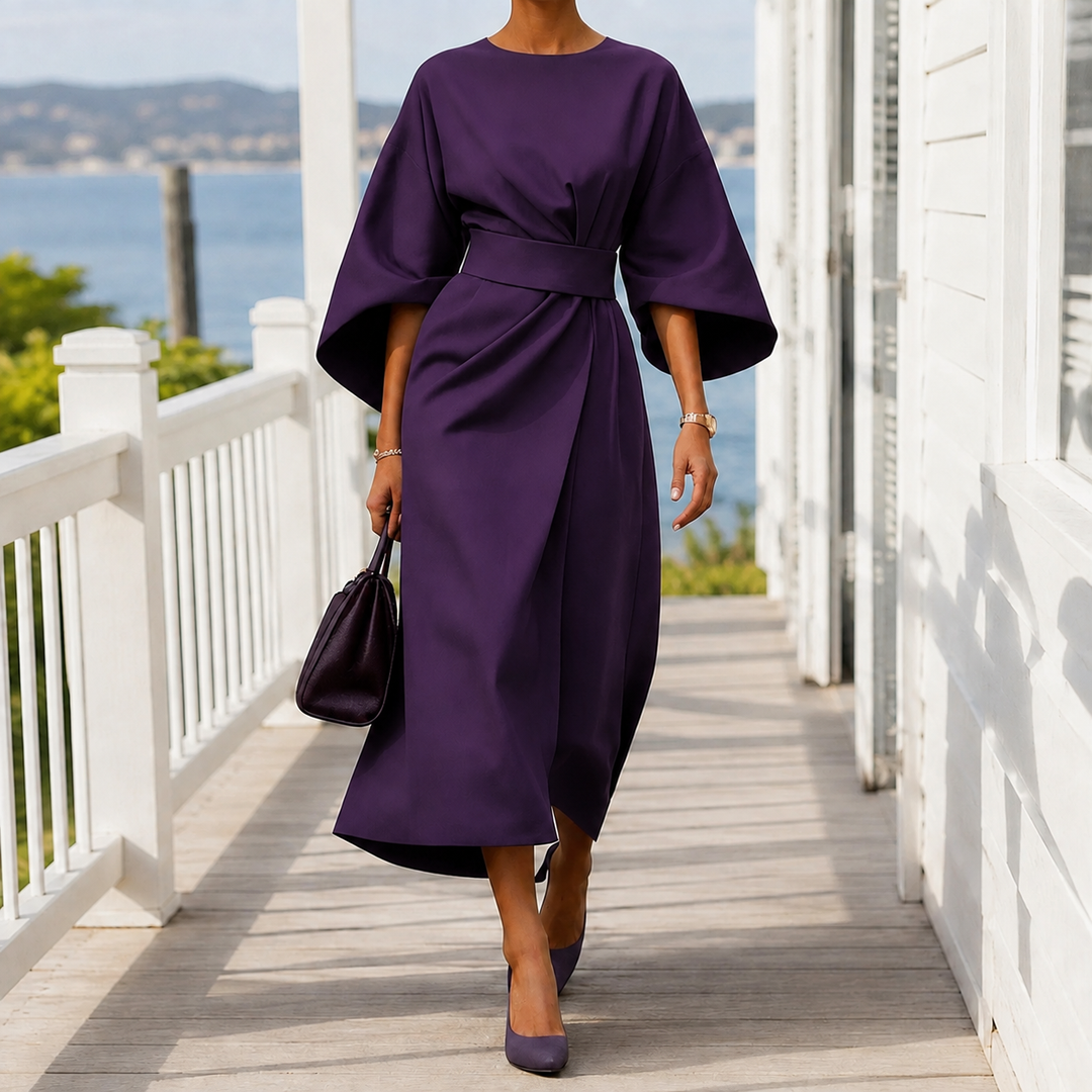 Women’s Belted Midi Dress with Flowing Cape Sleeves 6