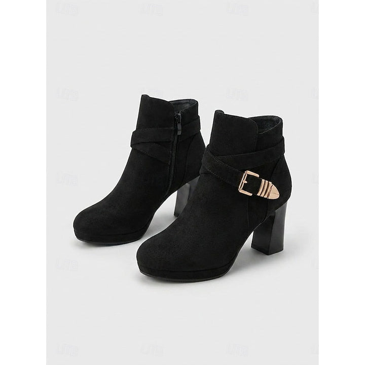 Women’s Black Ankle Boots Block Heel with Buckle Strap Detail 9