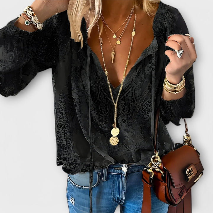 Women’s Boho Lace Blouse Deep V-Neck Long Sleeve Style 1