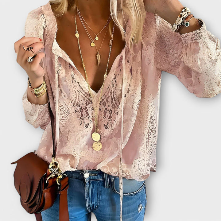 Women’s Boho Lace Blouse Deep V-Neck Long Sleeve Style 2