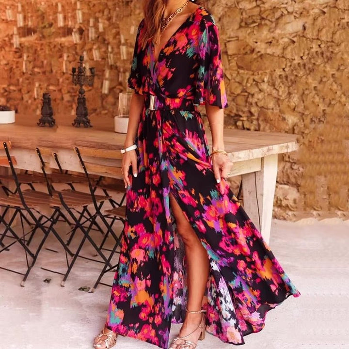 Women’s Boho Maxi Dress Flowy Wrap Style with Leopard Print 0