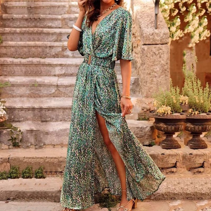 Women’s Boho Maxi Dress Flowy Wrap Style with Leopard Print 1