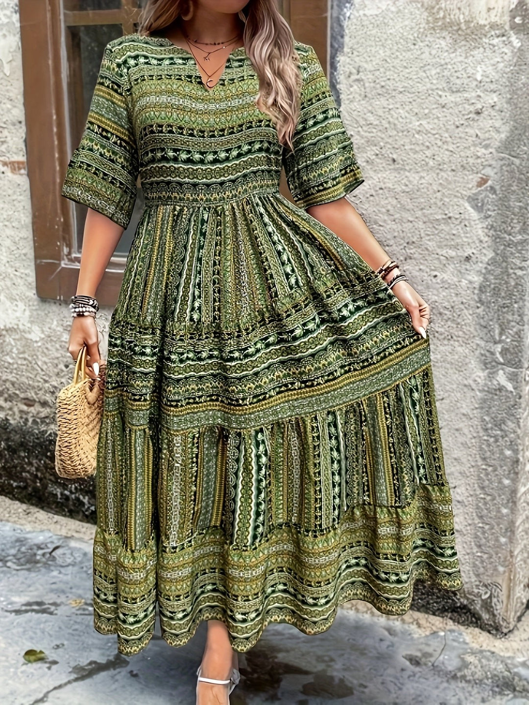Women’s Boho Maxi Dress Printed V-Neck Tiered Style 1
