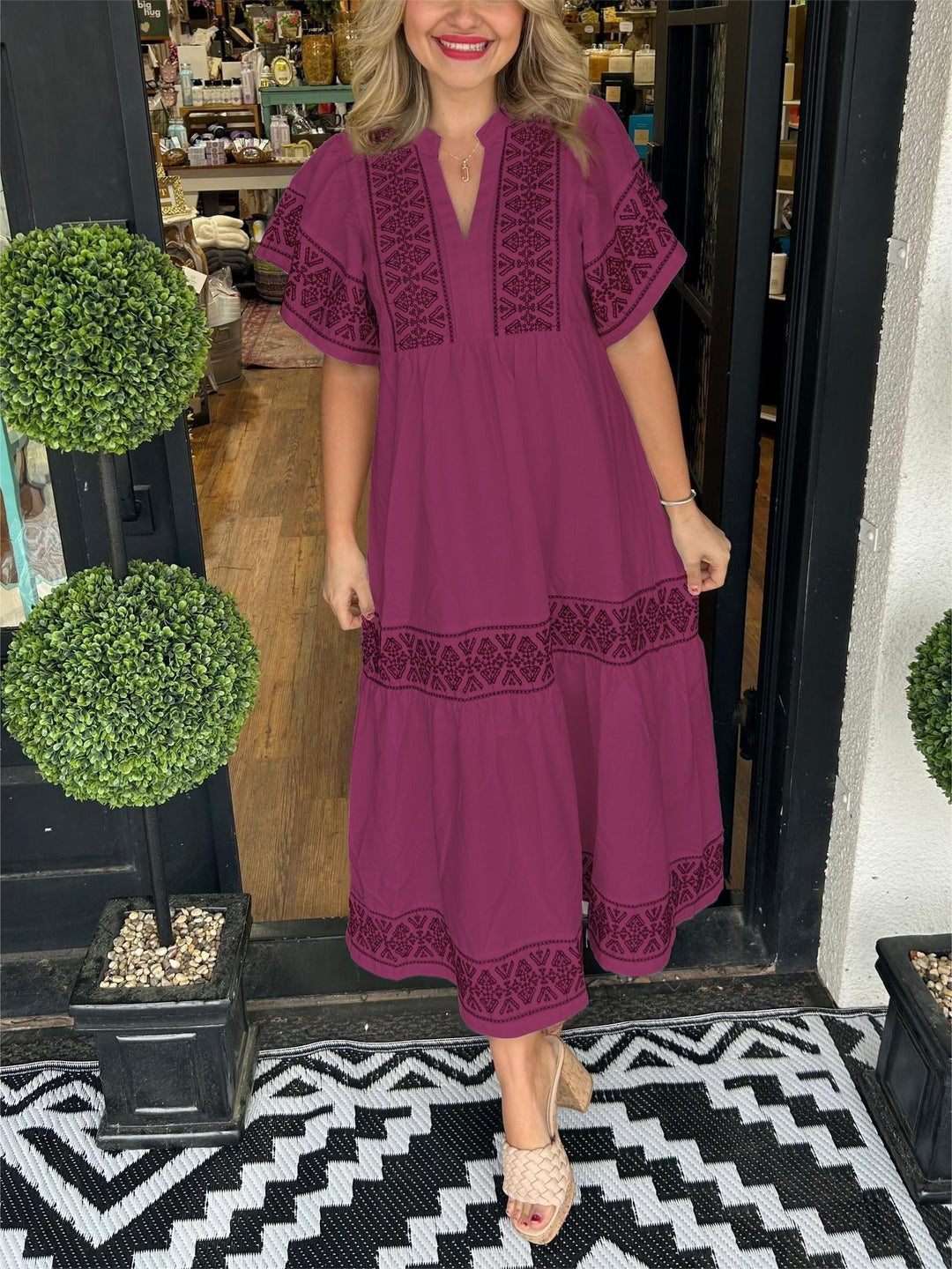 Women’s Boho Maxi Dress V-Neck Embroidered Flowing Style 5
