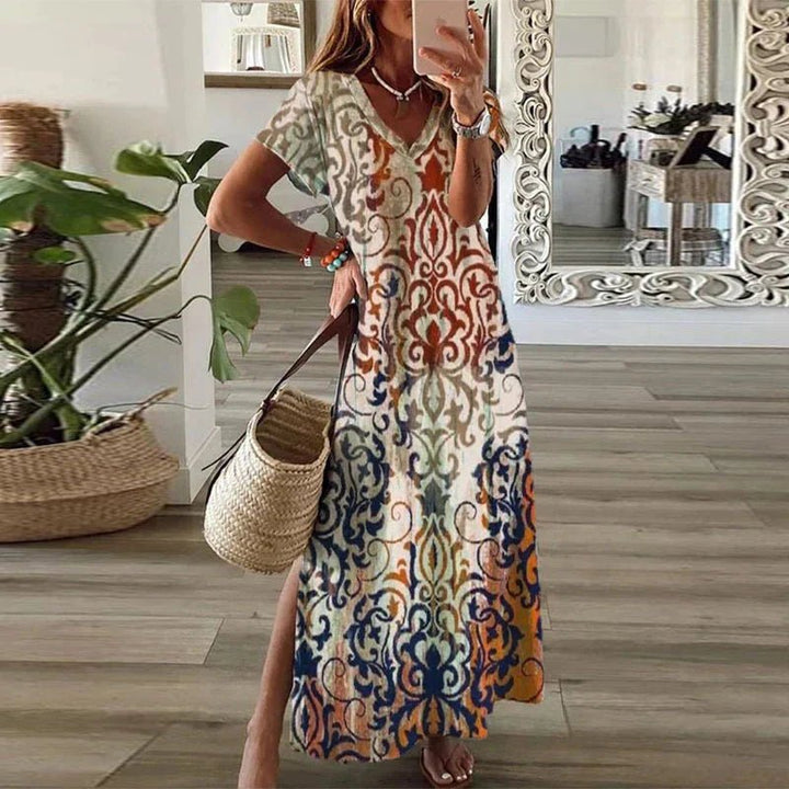 Women’s Boho Maxi Dress V-Neck Short Sleeve Design 0