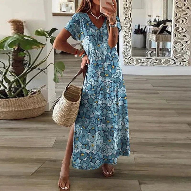 Women’s Boho Maxi Dress V-Neck Short Sleeve Design 1