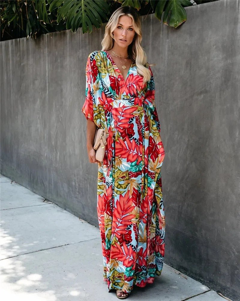 Women’s Boho Maxi Dress V-Neck Tropical Print Design 0
