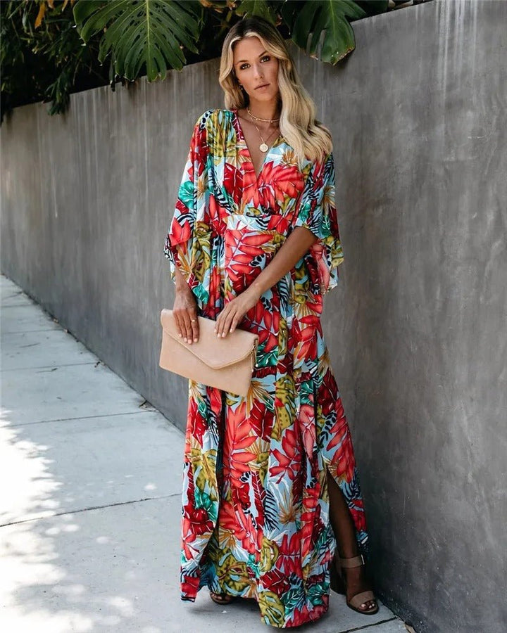 Women’s Boho Maxi Dress V-Neck Tropical Print Design 3