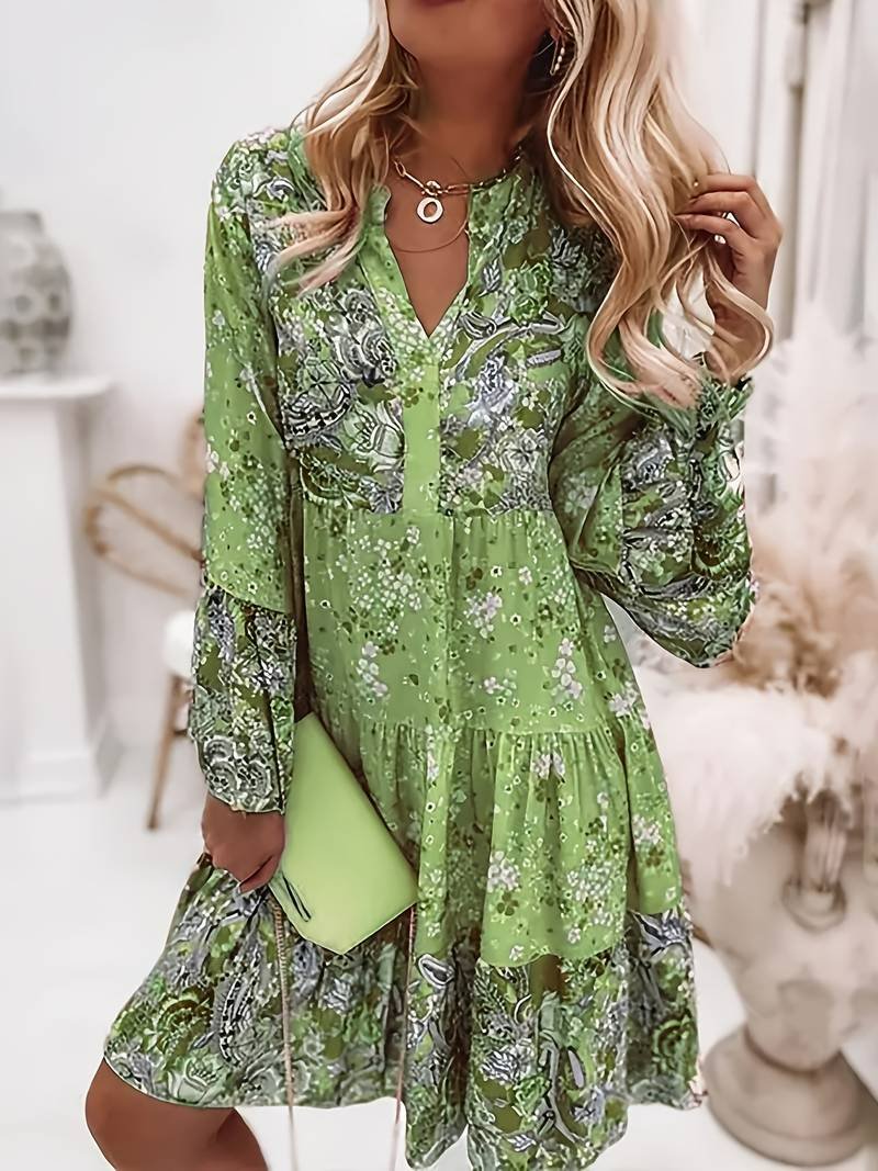 Women’s Boho Midi Dress Floral Print Long Sleeve Style 1