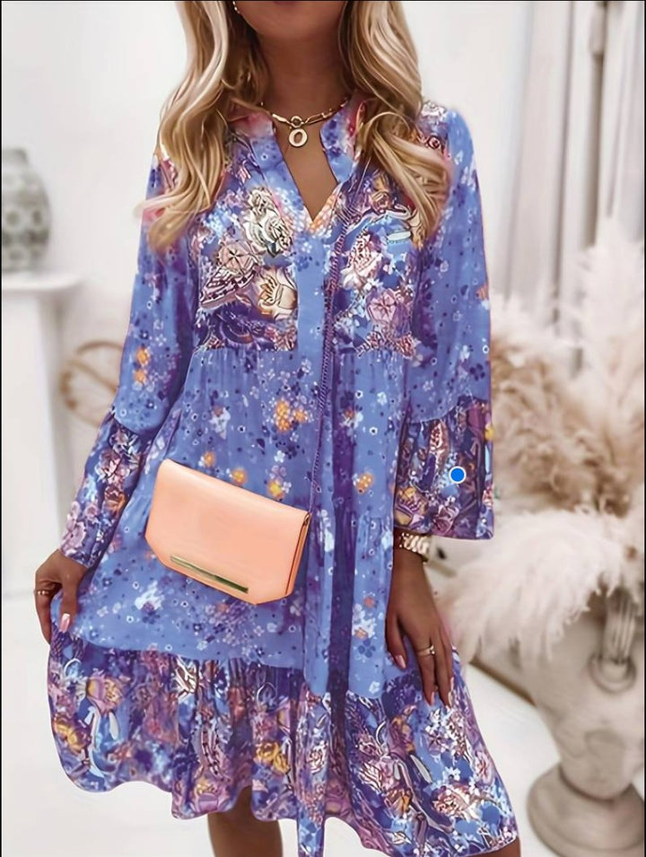 Women’s Boho Midi Dress Floral Print V-Neck Long Sleeve Style 4