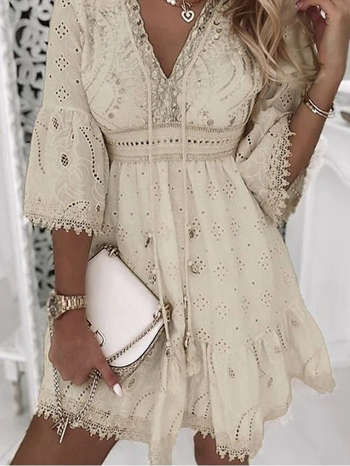 Women’s Boho Mini Dress V-Neck with Bell Sleeves for Summer Outings 0