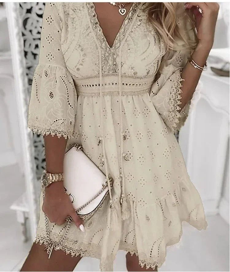 Women’s Boho Mini Dress V-Neck with Bell Sleeves for Summer Outings 2