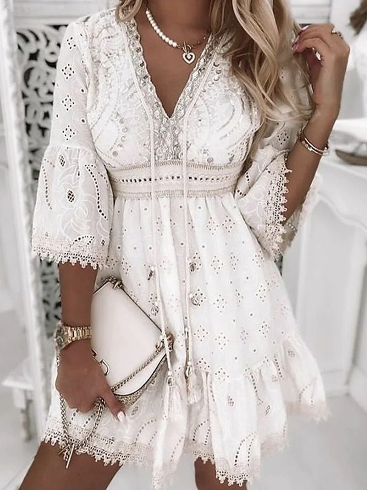 Women’s Boho Mini Dress V-Neck with Bell Sleeves for Summer Outings 3