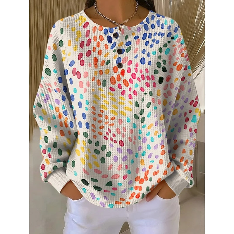 Women’s Button-Neck Sweatshirt Artistic Print Relaxed Fit 1