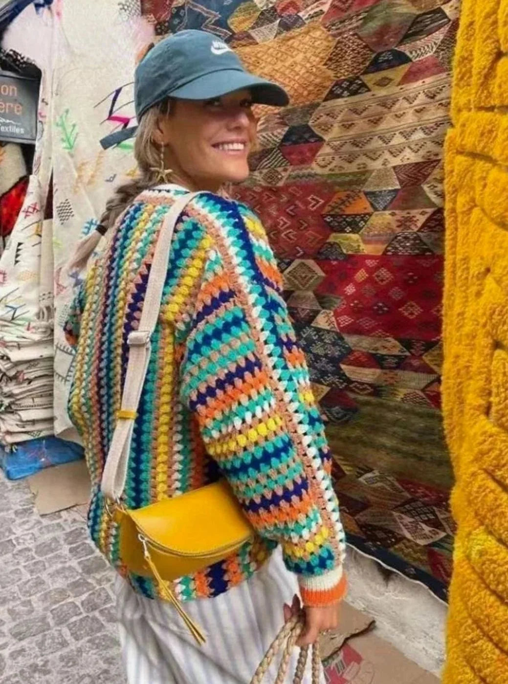 Women’s Chunky Knit Cardigan Rainbow Striped Open-Front Style 1