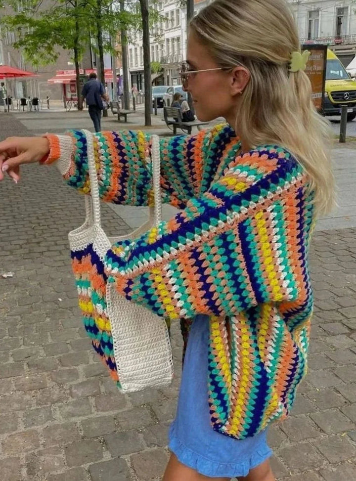 Women’s Chunky Knit Cardigan Rainbow Striped Open-Front Style 2