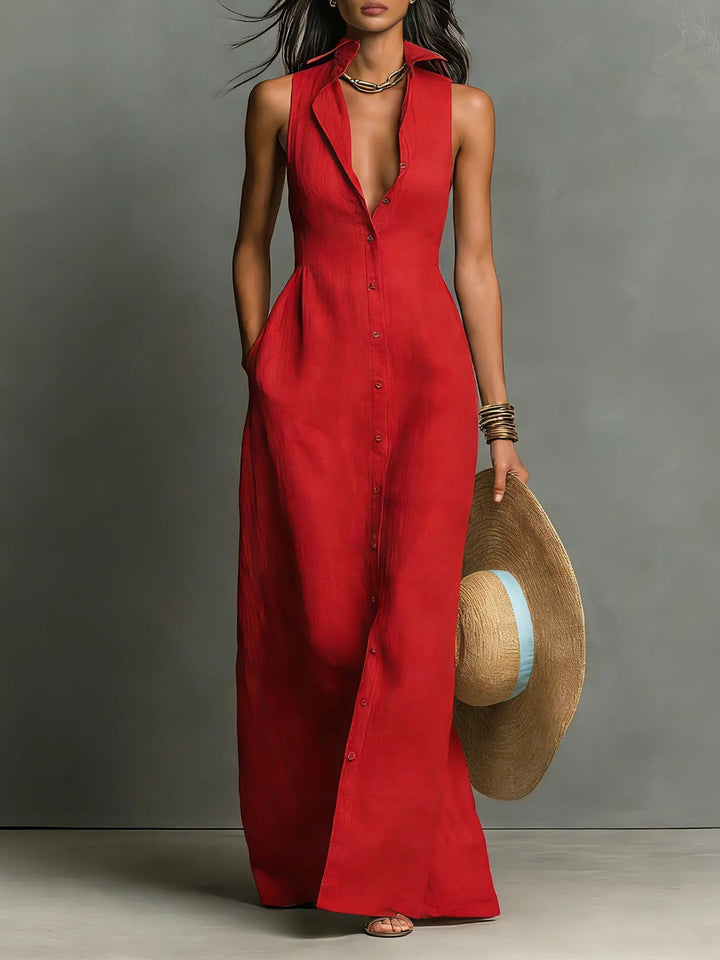 Women’s Collared Maxi Dress Elegant Sleeveless Design 0