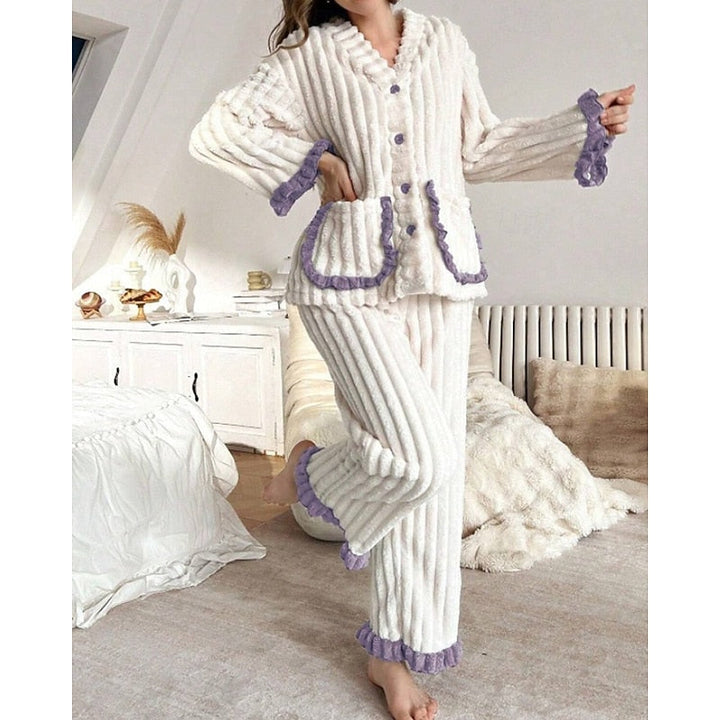Women’s Cozy Two-Piece Lounge Set with Ruffle Trim and Button Front 5