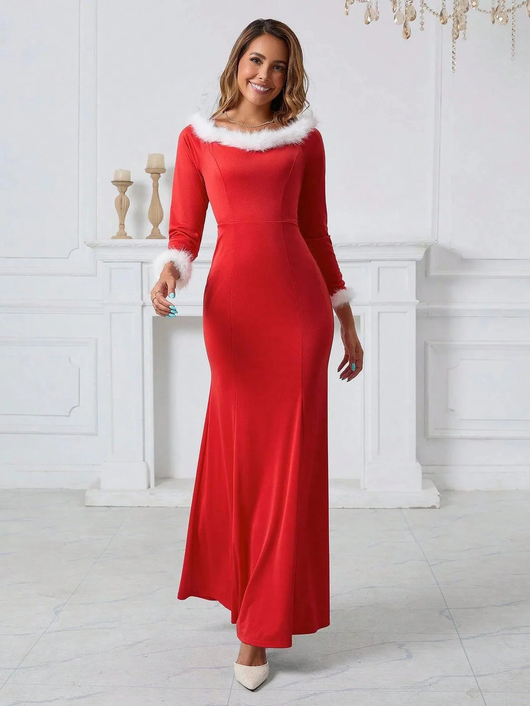 Women’s Elegant Maxi Dress with Faux Fur Trim for Formal Holiday Events 0