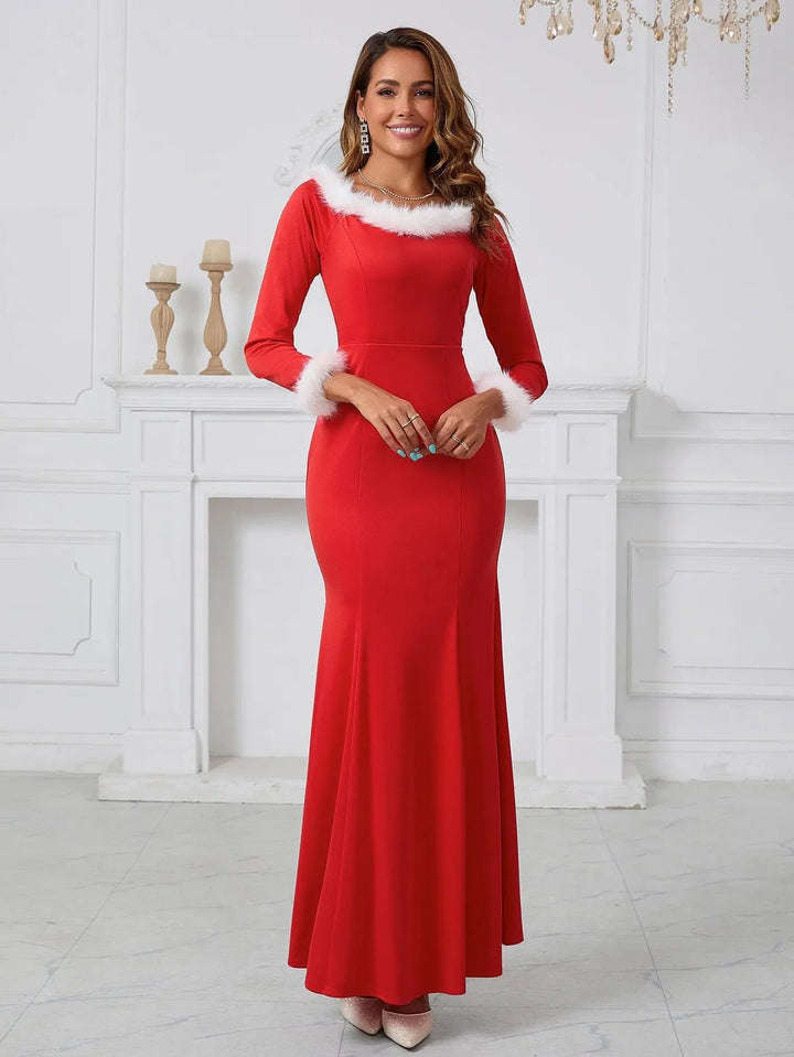 Women’s Elegant Maxi Dress with Faux Fur Trim for Formal Holiday Events 1