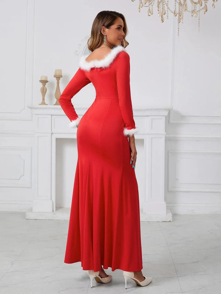 Women’s Elegant Maxi Dress with Faux Fur Trim for Formal Holiday Events 2