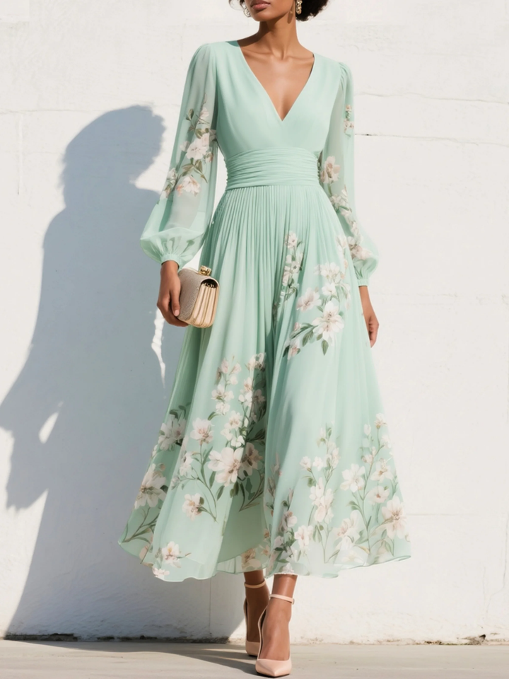 Women’s Floral Midi Dress Lightweight Chiffon with V-Neck Design 0