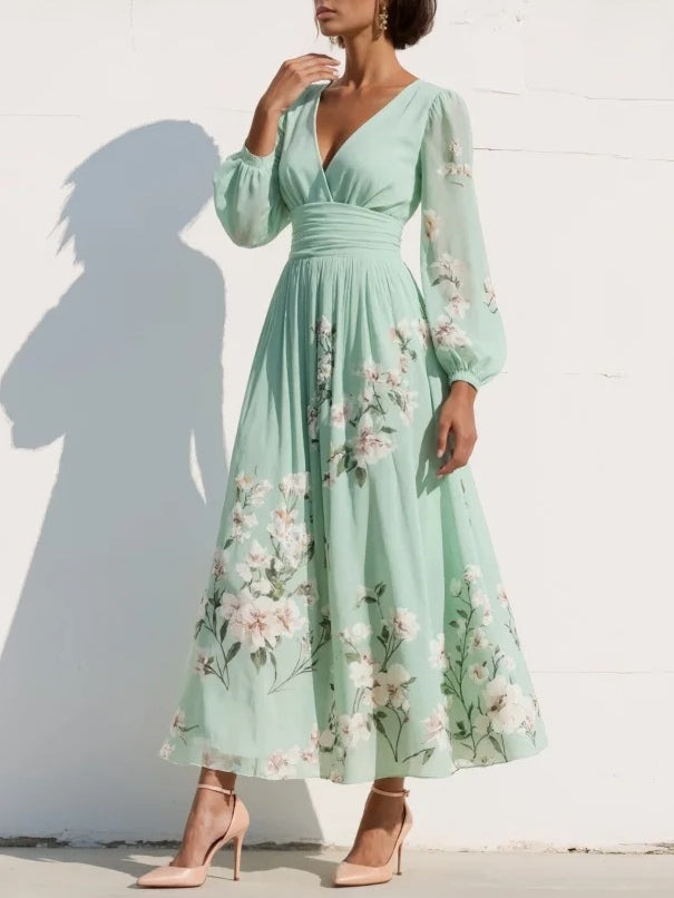 Women’s Floral Midi Dress Lightweight Chiffon with V-Neck Design 1
