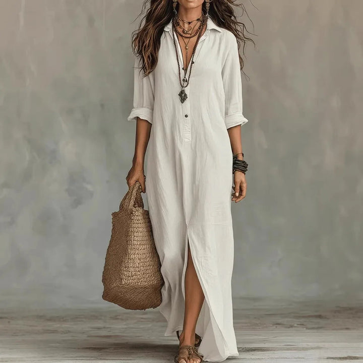 Women’s Linen-Blend Shirt Dress with Button Placket and Side Slits 0