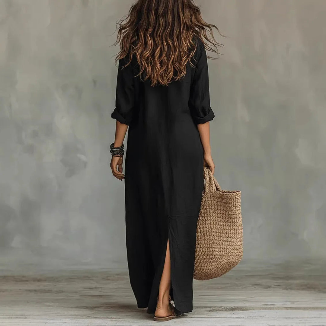 Women’s Linen-Blend Shirt Dress with Button Placket and Side Slits 2