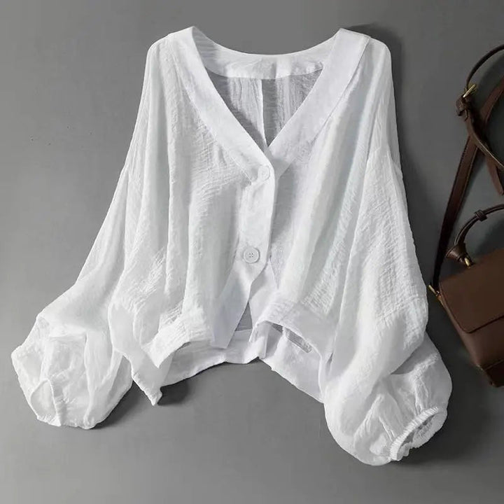 Women’s Linen Blouse V-Neck Batwing Sleeves Summer Style 0