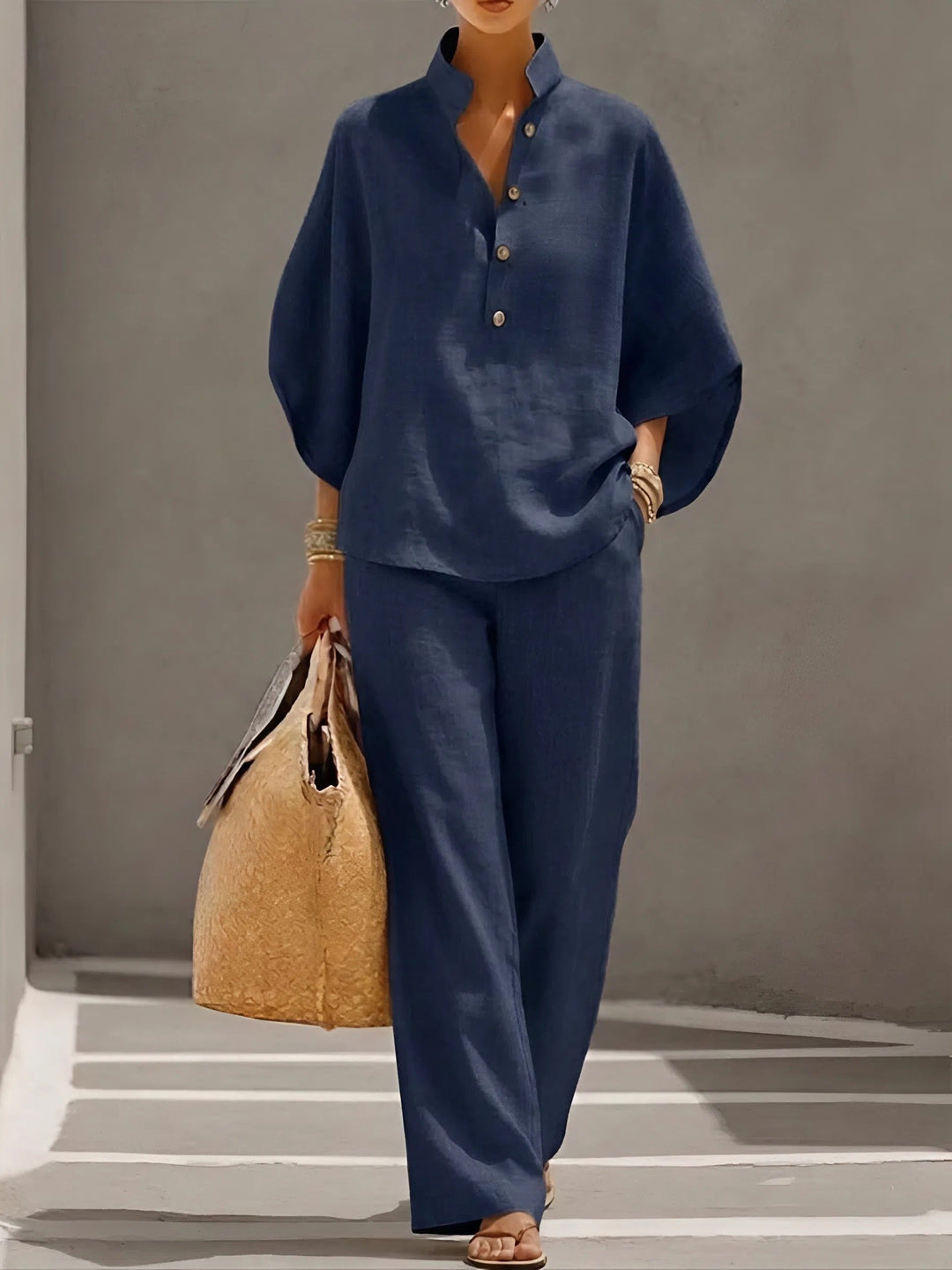 Women’s Linen Two-Piece Set with Mandarin Collar and Wide-Leg Trousers 1
