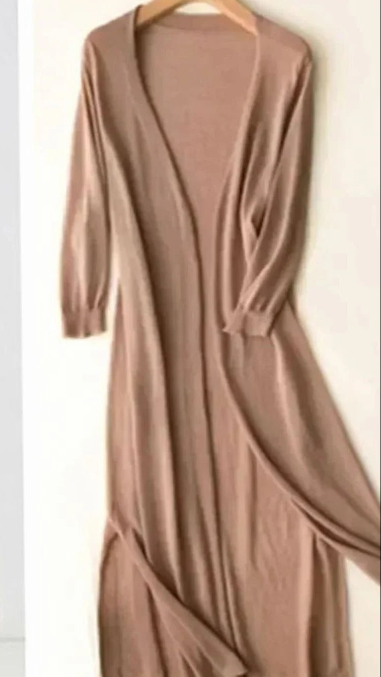 Women’s Long Open-Front Cardigan Coatigan with 3/4 Sleeves and Side Slits 0