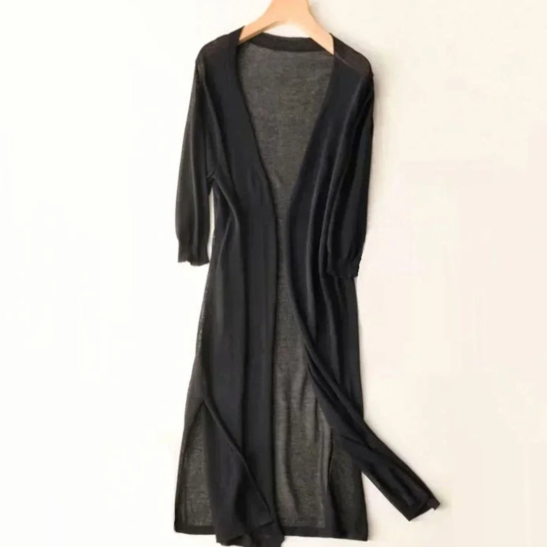 Women’s Long Open-Front Cardigan Coatigan with 3/4 Sleeves and Side Slits 3