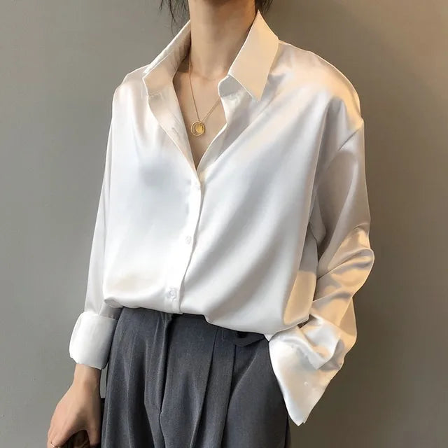 Women’s Long Sleeve Satin Blouse Classic Button-Down Style 1