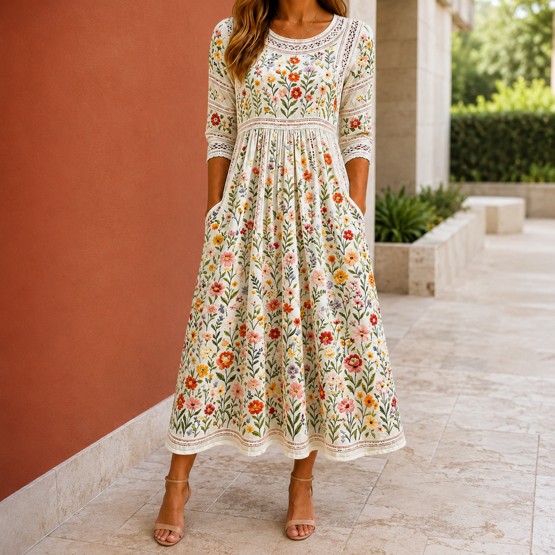 Women’s Midi Dress Floral Embroidery and Lace Detail 0