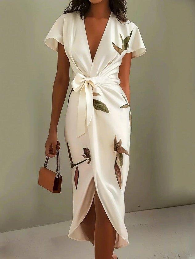 Women’s Midi Wrap Dress Elegant V-Neck Floral Design 2