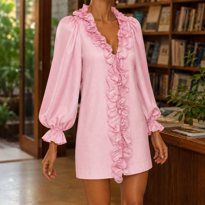 Women’s Mini Dress Ruffle Detail with Puff Sleeves 3
