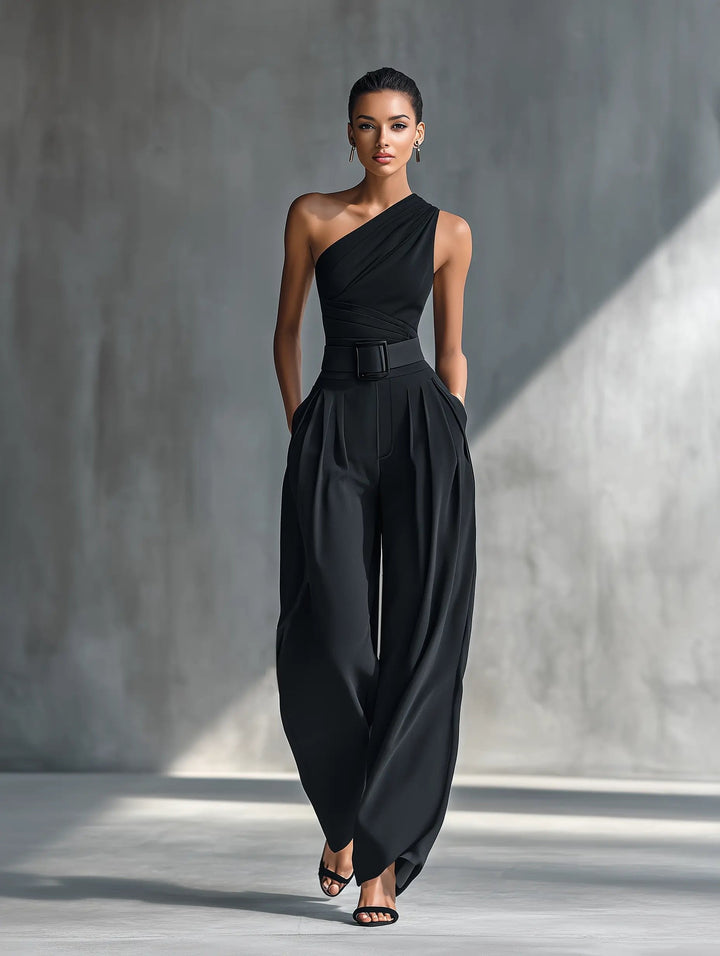 Women’s One-Shoulder Trouser Set Elegant Knit Top and Wide-Leg Trousers 1