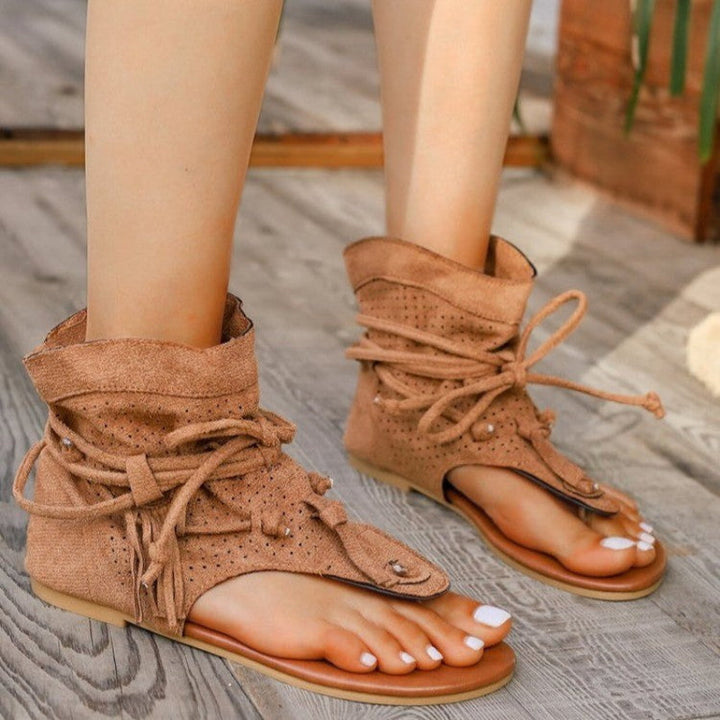 Women’s Open Toe Flat Sandals with Decorative Fringe and Adjustable Laces 6