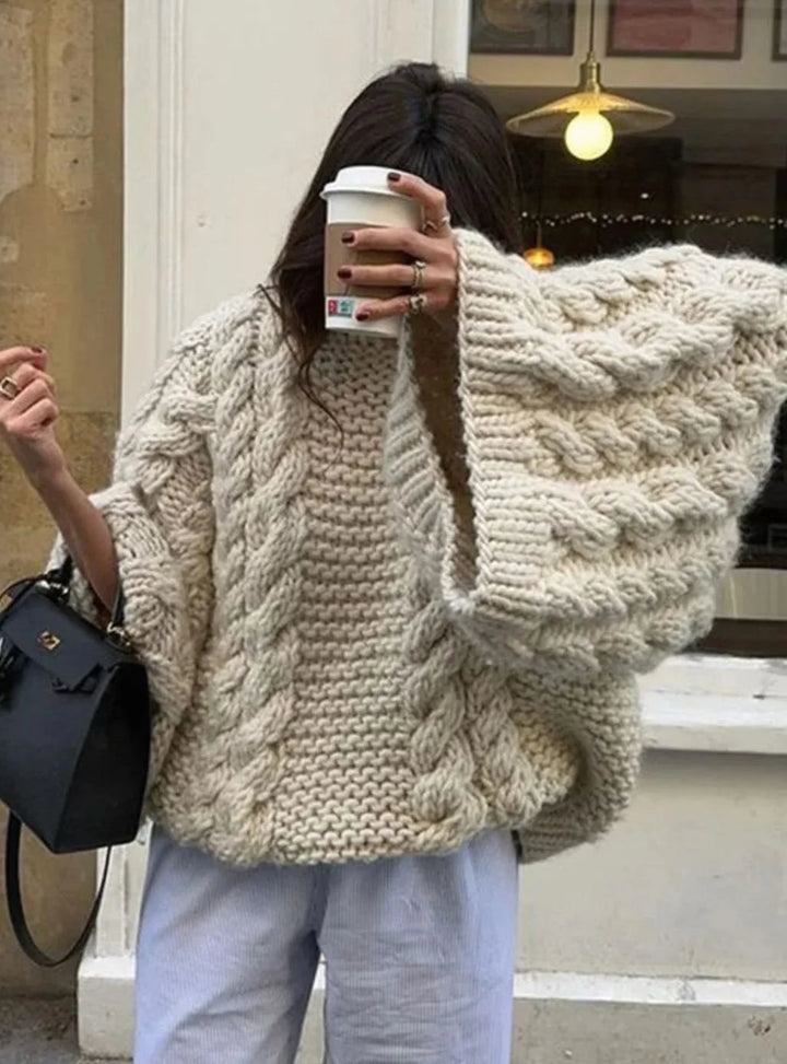 Women’s Oversized Cable-Knit Crewneck Sweater Chunky Texture 2