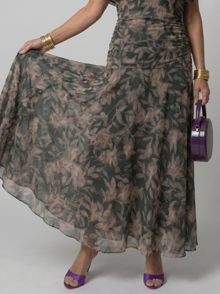 Women’s Printed Mesh Midi Dress Off-Shoulder Draped Neckline 6