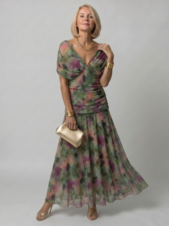 Women’s Printed Mesh Midi Dress Off-Shoulder Draped Neckline 9