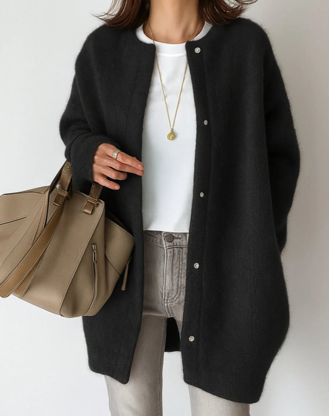 Women’s Relaxed-Fit Black Cardigan Sweater with Button-Front Design 1