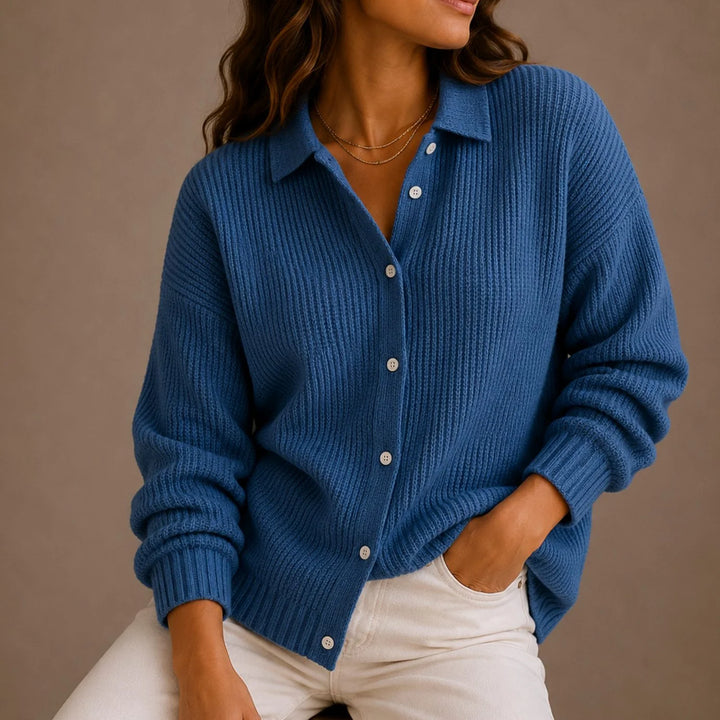 Women’s Ribbed Knit Cardigan with Classic Collar Relaxed Fit 0