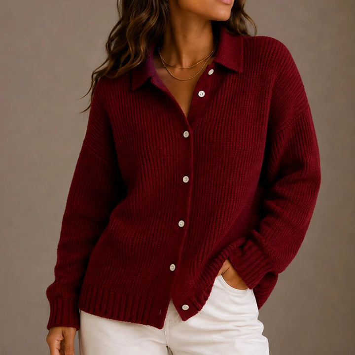 Women’s Ribbed Knit Cardigan with Classic Collar Relaxed Fit 1